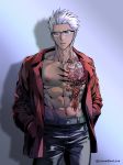  1boy alternate_costume archer brown_eyes chest dark_skin dark_skinned_male fate/grand_order fate/stay_night fate_(series) glasses hand_in_pocket kim_yura_(goddess_mechanic) male_focus muscle open_clothes pants solo tattoo white_hair 