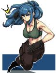  ! absurdres bangs belt black_gloves blue_eyes blue_hair breasts collarbone earrings fighting_stance gloves high_ponytail highres jewelry leona_heidern long_hair looking_at_viewer midriff military navel pants ponytail powtaytow3333 snk soldier tank_top the_king_of_fighters thick_eyebrows 
