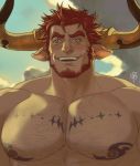 1boy agielba animal_ears bara beard blush chest chest_hair close-up dogandclover draph facial_hair granblue_fantasy green_eyes highres horns male_focus manly muscle nipples pectorals redhead shirtless smile solo symbol_commentary tattoo upper_body 