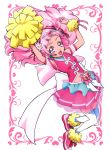  1girl :d absurdres arm_strap breasts card_(medium) clover_earrings crop_top cure_yell double_bun floating_hair flower full_body hair_flower hair_ornament hair_ribbon heart heart_hair_ornament highres hugtto!_precure itaoka_nishiki long_hair looking_at_viewer midriff miniskirt navel open_mouth pink_eyes pink_hair pink_skirt pleated_skirt pom_poms precure red_ribbon ribbon shiny shiny_hair skirt small_breasts smile solo stomach thigh-highs very_long_hair white_background white_flower white_legwear zettai_ryouiki 