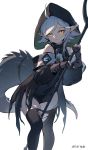  1girl ahoge arknights bangs bare_shoulders black_legwear character_name commentary crocodilian_tail feet_out_of_frame gloves grey_gloves highres holding holding_staff hood large_tail long_sleeves looking_at_viewer nian pointy_ears short_hair silver_hair simple_background skindentation solo staff standing tail thigh-highs thighs tomimi_(arknights) torn_clothes torn_legwear white_background yellow_eyes 