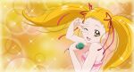  1girl bare_shoulders blonde_hair fuchi_(nightmare) hair_ribbon highres holding holding_microphone kasugano_urara_(yes!_precure_5) long_hair looking_at_viewer microphone one_eye_closed open_mouth precure red_ribbon ribbon smile solo twintails upper_body v_over_eye yellow_eyes yes!_precure_5 
