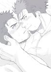  2boys blush chest close-up eye_contact facial_hair goatee greyscale harada_(basashi) imminent_kiss looking_at_another male_focus monochrome multiple_boys orange_eyes original partially_colored pectoral_docking pectorals shirtless short_hair spiky_hair sweat white_background yaoi yellow_eyes 