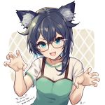  1girl apron black_hair cat_girl character_request claw_pose commentary_request copyright_request eyebrows_visible_through_hair fang glasses green_apron green_eyes hair_between_eyes medium_hair mole mole_under_eye open_mouth shirt smile solo sparkle t-shirt upper_body white_shirt yoruhachi 