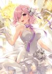  1girl bangs bare_shoulders blush breasts dress fate/grand_order fate_(series) flower gloves hair_flower hair_ornament hair_over_one_eye large_breasts lavender_hair looking_at_viewer mash_kyrielight open_mouth rosuuri short_hair smile violet_eyes white_dress white_gloves 