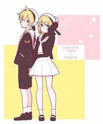  1boy 1girl asagao_minoru bangs beret black_shirt black_shorts blonde_hair blue_eyes cardcaptor_sakura collar commentary cosplay full_body hair_ornament hairclip hand_on_headwear hand_up hat holding_hands kagamine_len kagamine_rin kinomoto_sakura kinomoto_sakura_(cosplay) li_xiaolang li_xiaolang_(cosplay) looking_at_viewer miniskirt pleated_skirt sailor_collar school_uniform serafuku shirt short_hair shorts skirt spiky_hair swept_bangs vocaloid white_collar white_headwear white_skirt 