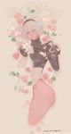  1girl absurdres afloat black_gloves black_hairband blue_eyes flower gloves grey_hair hair_between_eyes hairband highres holding holding_flower lunar_tear nier_(series) nier_automata parted_lips partially_submerged pink_flower pink_rose puffy_sleeves rose short_hair signature smile solo turtleneck v8 white_flower yorha_no._2_type_b 