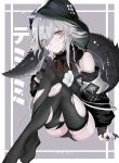  1girl absurdres arknights arm_support bangs bare_shoulders black_legwear braid character_name commentary crocodilian_tail eyebrows_visible_through_hair flower gloves grey_background grey_eyes grey_gloves hair_over_one_eye hand_up highres hood kaminarichyan knees_up large_tail long_hair long_sleeves looking_at_viewer no_shoes pointy_ears silver_hair single_braid sitting solo tail thigh-highs thighs tomimi_(arknights) torn_clothes torn_legwear translated white_flower 