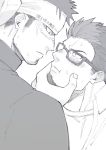  2boys blush close-up collar eye_contact facial_hair glasses goatee greyscale hand_on_another&#039;s_cheek hand_on_another&#039;s_face harada_(basashi) imminent_kiss looking_at_another monochrome multiple_boys orange_eyes original partially_colored shirt short_hair spiky_hair sweat white_background yaoi yellow_eyes 