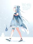  1girl 2017 blue_dress blue_gloves blue_ribbon bow character_name commentary dress fingerless_gloves from_side gloves gradient_hair hair_bow hair_ornament hatsune_miku holding holding_wand light_blue_hair mi_no_take multicolored_hair neck_ribbon ribbon smile snowflake_hair_ornament snowing snowman star_(symbol) star_hair_ornament striped striped_ribbon thigh_strap twintails twitter_username vocaloid walking wand white_hair yuki_miku yuki_miku_(2017) 