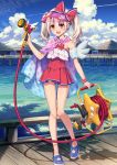 1girl ass_visible_through_thighs blonde_hair blush clouds eyebrows_visible_through_hair fate/grand_order fate/kaleid_liner_prisma_illya fate_(series) hair_between_eyes hiroyama_hiroshi hose illyasviel_von_einzbern illyasviel_von_einzbern_(swimsuit_archer)_(fate) long_hair official_art one-piece_swimsuit open_mouth red_eyes shadow sky smile swimsuit twintails two_side_up visor_cap water wooden_bridge 