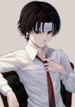  1boy adjusting_neckwear atsuyah0310 bangs black_hair chrollo_lucilfer closed_mouth collared_shirt commentary_request dress_shirt grey_eyes headband hunter_x_hunter long_sleeves male_focus necktie red_neckwear shirt simple_background solo white_headband white_shirt 