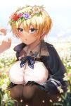  1girl 1other bangs black_gloves black_jacket black_legwear blonde_hair blue_eyes blue_neckwear blue_skirt blue_sky blurry blush breasts button_gap collarbone collared_shirt commentary_request cowboy_shot day depth_of_field eyebrows_visible_through_hair field flower flower_field girls_frontline gloves hair_between_eyes hair_ornament hands hands_on_own_knees head_wreath highres jacket large_breasts long_sleeves looking_to_the_side mole mole_under_eye neck_ribbon nelf outdoors pantyhose parted_lips ribbon shirt shirt_tucked_in short_hair sidelocks signature skirt sky snap-fit_buckle snowflake_hair_ornament solo_focus sparkle squatting vsk-94_(girls_frontline) white_flower white_shirt 