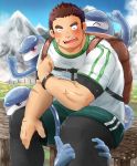  1boy ^_^ absurdres backpack bag beard blush brown_hair closed_eyes date_maki facial_hair gunzo_(tokyo_houkago_summoners) highres male_focus muscle scar short_hair sitting smile solo spirit thick_eyebrows tokyo_houkago_summoners upper_body 