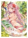  1girl ;d belly_chain bikini bird blush bow cowboy_shot floating_hair flower frilled_bikini frills hair_flower hair_ornament hibiscus highres jewelry leaning_forward long_hair looking_at_viewer momoko_(momopoco) one_eye_closed open_mouth original page_number parrot pink_hair red_bow red_flower shiny shiny_hair smile solo standing swimsuit very_long_hair wading white_bikini yellow_eyes 