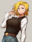  1girl android_18 belt black_shirt blonde_hair blue_eyes blue_pants brown_belt closed_mouth denim dragon_ball dragon_ball_z earrings grey_background hand_up jeans jewelry kemachiku long_sleeves looking_at_viewer pants shirt short_hair simple_background solo striped_sleeves 