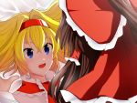  2girls alice_margatroid blonde_hair blue_eyes blush bow brown_hair commentary_request hair_between_eyes hair_bow hair_tubes hairband hakurei_reimu highres looking_at_another medium_hair multiple_girls open_mouth red_bow red_hairband sei_(kaien_kien) sweat touhou yuri 