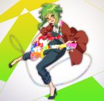  1girl bass_guitar black_footwear collared_shirt full_body glasses green_eyes green_hair gumi high_heels holding holding_instrument instrument jacket looking_at_viewer matsuda_toki music open_clothes open_jacket open_mouth overalls playing_instrument red-framed_eyewear red_jacket shirt short_hair sidelocks solo v-shaped_eyebrows vocaloid white_shirt wing_collar 