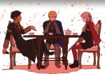  1girl 2boys blonde_hair blue_cape blue_eyes braid brown_hair cape chair claude_von_riegan closed_mouth cup dagger dark_skin dark_skinned_male dimitri_alexandre_blaiddyd edelgard_von_hresvelg fire_emblem fire_emblem:_three_houses from_side garreg_mach_monastery_uniform gloves green_eyes hair_ribbon high_heels highres holding holding_dagger holding_weapon kusodekablack long_hair multiple_boys open_mouth red_cape red_legwear ribbon short_hair single_braid sitting table teacup uniform violet_eyes weapon white_gloves white_hair yellow_cape 