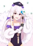  1girl cellphone chirun0 fire_emblem fire_emblem:_three_houses fire_emblem_heroes fur_trim gloves hair_ornament hat highres holding holding_phone long_hair lysithea_von_ordelia open_mouth orb phone pink_eyes simple_background smartphone solo white_background white_gloves white_hair 