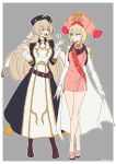  2girls blonde_hair character_request closed_eyes commission copyright_request cosplay costume_switch grey_eyes hair_between_eyes hat heart looking_to_the_side minchia multiple_girls open_hand 