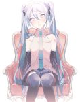  1girl aqua_neckwear bare_shoulders black_legwear black_skirt black_sleeves blue_eyes blue_hair chair detached_sleeves expressionless feet_out_of_frame hair_ornament hamuna_(hamuna_86) hatsune_miku head_tilt highres knees_together_feet_apart lips long_hair looking_at_viewer miniskirt necktie pleated_skirt shirt shoulder_tattoo simple_background sitting skirt sleeveless sleeveless_shirt solo tattoo thigh-highs twintails very_long_hair vocaloid white_background white_shirt zettai_ryouiki 