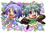  2girls antennae aqua_hair barefoot blue_bow blue_dress blue_eyes blue_flower blue_hair blush_stickers bow butterfly_wings chibi cirno dress eternity_larva eyebrows_visible_through_hair fairy flower full_body green_dress hair_between_eyes hair_bow ice ice_wings leaf leaf_on_head morning_glory multicolored_clothes multicolored_dress multiple_girls open_mouth pink_flower purple_flower red_eyes shirt short_hair single_strap smile sugiyama_ichirou sunflower tanned_cirno touhou white_shirt wings yellow_flower 