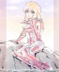  1girl armor eyelashes female full_armor green_eyes highres lipstick looking_at_viewer mermaid_thetis mizuhara_aki outdoors pink_armor posing rock saint_seiya shining_armor sitting water 