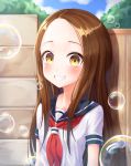  1girl absurdres black_sailor_collar blush brown_hair bubble day grin highres karakai_jouzu_no_takagi-san long_hair neckerchief outdoors red_neckwear ryon_y0421 sailor_collar school_uniform serafuku shiny shiny_hair shirt short_sleeves smile solo straight_hair takagi-san upper_body very_long_hair white_shirt yellow_eyes 