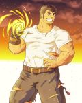  1boy bara blood body_hair brown_hair chest chest_hair facial_hair fighting_stance goatee highres kengo_(tokyo_houkago_summoners) male_focus manly muscle pectorals simple_background solo thick_eyebrows tokyo_houkago_summoners torn_clothes upper_body yanutorie 