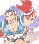  1boy bara body_hair chest chest_hair facial_hair foreshortening hachimaki headband japanese_clothes looking_at_viewer male_focus manly muscle nejiri_hachimaki pectorals simple_background sketch solo tajikarao_(tokyo_houkago_summoners) thighs tokyo_houkago_summoners upper_body yanutorie 