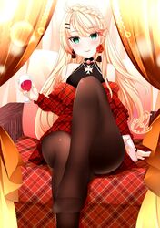  1girl azur_lane black_hair blonde_hair blush braid checkered checkered_dress coach cup dress drinking_glass earrings eyebrows_visible_through_hair feet flower_earrings green_eyes hair_ornament highres howe_(azur_lane) howe_(noble_rouge)_(azur_lane) jewelry long_hair looking_at_viewer necklace no_shoes origami_aya pantyhose solo wine_glass 