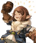  1girl bangs beer_mug blush braid brown_hair cup final_fantasy final_fantasy_xiv french_braid giott gloves lalafell mug muraicchi_(momocchi) open_mouth parted_bangs pointy_ears short_hair simple_background solo 