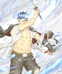  1boy blue_eyes blue_hair chest facial_hair fighting_stance fire highres looking_at_viewer male_focus manly muscle pectorals scar simple_background solo toji_(tokyo_houkago_summoners) tokyo_houkago_summoners upper_body yanutorie 