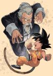  2boys arms_at_sides beard black_eyes black_footwear black_hair chinese_clothes clenched_hands clothes_writing dougi dragon_ball dragon_ball_(classic) facial_hair full_body hankuri jackie_chun long_sleeves male_focus monkey_tail multiple_boys mustache muten_roushi old_man open_mouth serious shirt simple_background son_gokuu spiky_hair tail teeth thick_eyebrows v-shaped_eyebrows white_hair wrinkles 