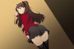 1girl absurdres ass bangs black_legwear black_skirt blue_eyes brown_hair commentary_request fate/stay_night fate_(series) from_behind hair_ribbon highres kyokucho long_hair long_sleeves looking_at_viewer looking_back open_mouth pleated_skirt ribbon skirt solo standing thigh-highs thighs tohsaka_rin two_side_up zettai_ryouiki 
