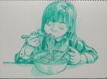  1girl absurdres bangs blunt_bangs bowl chopsticks closed_eyes eating food green_theme highres kamaboko long_sleeves medium_hair monochrome narutomaki noodles original ramen simple_background solo tamotu upper_body white_background whiteboard_(medium) 