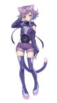  1other :&lt; absurdres ahoge animal_ears arm_at_side bangs black_leotard blush boots cat_ear_headphones cat_ears cat_tail covered_navel detached_sleeves drawstring eyebrows_visible_through_hair fake_animal_ears fake_tail fingerless_gloves full_body gloves hand_up headphones headset highres hood hood_down hoodie leotard leotard_under_clothes long_sleeves looking_at_viewer matsuda_toki milk_(utau) official_art pink_nails purple_footwear purple_hair purple_hoodie purple_legwear purple_shorts short_hair short_shorts shorts sidelocks sleeves_past_wrists standing tail thick_eyebrows thigh-highs thigh_boots transparent_background utau white_background yellow_eyes 