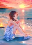  1girl bare_shoulders beach blue_eyes clouds cloudy_sky dress evening fire highres looking_at_viewer ocean original outdoors sky solo sunset tiv water white_dress white_footwear 