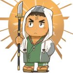  1boy blush brown_hair chest chest_hair chibi close-up facial_hair forehead_scar full_body hand_in_pocket hood male_focus manly oniwaka_(tokyo_houkago_summoners) polearm simple_background solo tokyo_houkago_summoners weapon yanutorie 