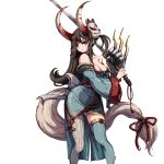  1girl armor bara_(totocos) bare_shoulders blood breasts brown_hair claw_(weapon) flower fox_mask gauntlets green_legwear grey_legwear hair_ornament highres holding holding_sword holding_weapon horns japanese_clothes long_hair long_sleeves makeup mask mask_on_head mask_removed mismatched_legwear oni orange_eyes original parted_lips ponytail red_flower side_ponytail signature simple_background single_gauntlet solo sword weapon white_background wide_sleeves x_hair_ornament 
