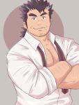  1boy bara black_hair chest cigarette crossed_arms facial_hair highres male_focus manly mononobe_kyoma_(tokyo_houkago_summoners) muscle open_clothes pectorals simple_background solo thick_eyebrows tokyo_houkago_summoners upper_body white_hair yanutorie 