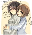  2girls brown_eyes brown_hair commentary_request eyebrows_visible_through_hair girls_und_panzer hand_on_hand hands_on_stomach hareta hug hug_from_behind if_they_mated ips_cells multiple_girls nishizumi_maho nishizumi_miho open_eyes pregnant shirt short_hair siblings simple_background sisters translation_request white_shirt yuri 
