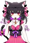  1girl animal_ear_fluff animal_ears bare_arms bell black_hair bow cat_day cat_ears cat_girl cat_tail chocolate commentary_request detached_collar dress eyebrows_visible_through_hair fingernails hand_up highres jingle_bell long_fingernails looking_at_viewer medium_hair mouth_hold murasaki_daidai_etsuo original paw_print pink_dress pink_eyes pink_nails polka_dot polka_dot_bow ribbon sharp_fingernails short_sleeves simple_background solo tail tail_ribbon upper_body white_background 