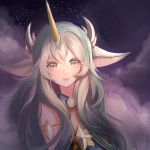  1girl alternate_costume alternate_hair_color animal_ears armlet bare_shoulders green_hair horns league_of_legends long_hair looking_at_viewer night night_sky outdoors pointy_ears saikayo single_horn sky smile solo soraka star_guardian_(league_of_legends) star_guardian_soraka very_long_hair 