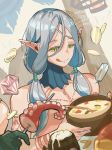  1boy alcohol beer blue_hair doseki89 dungeon_meshi elf food gem gold_coin green_eyes high_collar highres lysion pointy_ears skewer slit_pupils soup tattoo tongue tongue_out twintails 