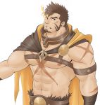  1boy abs bara beard belt brown_hair cape chest facial_hair flaming_eye hercules_(tokyo_houkago_summoners) highres looking_at_viewer male_focus muscle nipples pectorals porkjinta scar shirtless solo tokyo_houkago_summoners 