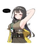  ... 1girl arm_up armpits bangs belt black_hair blush breasts closed_eyes commentary gas_mask girls_frontline highres id_card jacket junsuina_fujunbutsu lanyard large_breasts long_hair mask_around_neck mod3_(girls_frontline) multicolored_hair pleated_skirt ro635_(girls_frontline) sideboob signature simple_background skirt sleeveless sleeveless_sweater solo speech_bubble spoken_ellipsis streaked_hair sweatdrop sweater turtleneck turtleneck_sweater two-tone_skirt upper_body utility_belt white_background white_hair yellow_jacket 