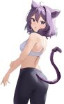  1girl absurdres ahoge animal_ears ass bare_arms bare_shoulders black_pants breasts cat_ears cat_girl cat_tail commission cowboy_shot crop_top highres looking_at_viewer looking_back medium_breasts midriff original pants parted_lips purple_hair short_hair sleeveless solo sports_bra standing steeb tail violet_eyes yoga_pants 