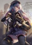  1girl assault_rifle black_legwear caiman-pool floating_hair girls_frontline gloves green_eyes gun hat highres hk416_(girls_frontline) holding holding_weapon long_hair looking_away military military_uniform miniskirt panties rifle skirt thick_thighs thigh-highs thighs underwear uniform weapon white_gloves white_hair 